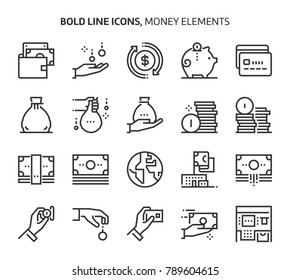 Money elements, bold line icons. The illustrations are a vector, editable stroke, 48x48 pixel perfect files. Crafted with precision and eye for quality.