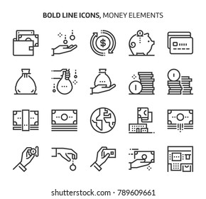 Money elements, bold line icons. The illustrations are a vector, editable stroke, 48x48 pixel perfect files. Crafted with precision and eye for quality.
