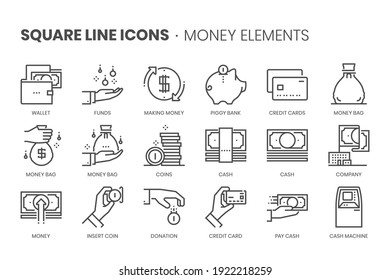 Money elements related, pixel perfect, editable stroke, up scalable square line vector icon set. 