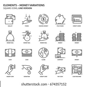 Money elements related, pixel perfect, editable stroke, up scalable vector icon set. 