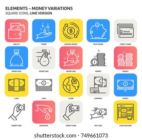 Money elements, square icon set. The illustrations are a vector, editable stroke, thirty-two by thirty-two matrix grid, pixel perfect files. Crafted with precision and eye for quality.