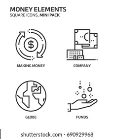 Money elements, square mini icon set. The illustrations are a vector, editable stroke, thirty-two by thirty-two matrix grid, pixel perfect files. Crafted with precision and eye for quality.