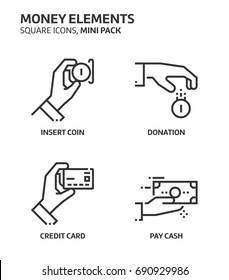 Money elements, square mini icon set. The illustrations are a vector, editable stroke, thirty-two by thirty-two matrix grid, pixel perfect files. Crafted with precision and eye for quality.