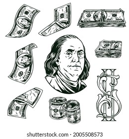 Money elements vintage monochrome concept with one hundred dollar banknotes elegant dollar symbol and Benjamin Franklin portrait isolated vector illustration