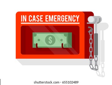 Money In Emergency Glass Break Box. Vector Illustration.