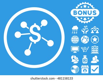 Money Emission icon with bonus. Vector illustration style is flat iconic symbols, white color, blue background.