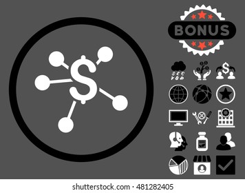Money Emission icon with bonus. Vector illustration style is flat iconic bicolor symbols, black and white colors, gray background.