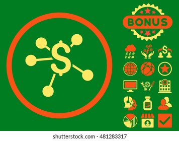 Money Emission icon with bonus. Vector illustration style is flat iconic bicolor symbols, orange and yellow colors, green background.
