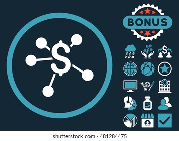 Money Emission icon with bonus. Vector illustration style is flat iconic bicolor symbols, blue and white colors, dark blue background.
