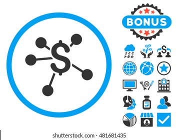 Money Emission icon with bonus. Vector illustration style is flat iconic bicolor symbols, blue and gray colors, white background.