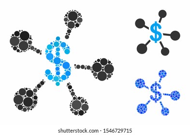 Money emission mosaic of round dots in variable sizes and color tints, based on money emission icon. Vector round dots are organized into blue mosaic.