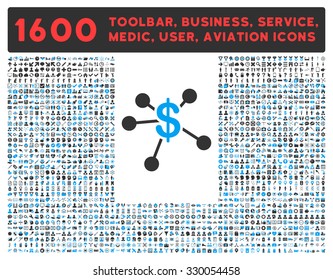 Money Emission vector icon and 1600 other business, service tools, medical care, software toolbar, web interface pictograms. Style is bicolor flat symbols, blue and gray colors, rounded angles, white