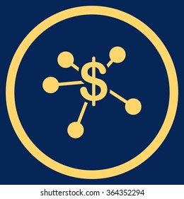 Money Emission vector icon. Style is flat circled symbol, yellow color, rounded angles, blue background.