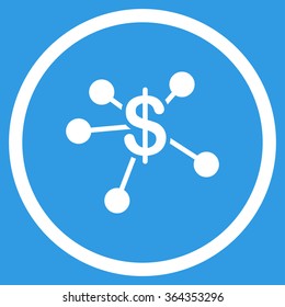 Money Emission vector icon. Style is flat circled symbol, white color, rounded angles, blue background.