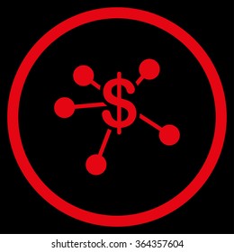 Money Emission vector icon. Style is flat circled symbol, red color, rounded angles, black background.