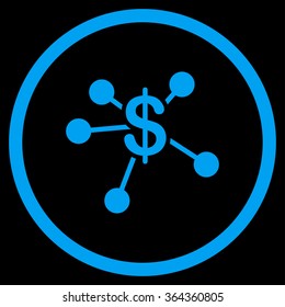 Money Emission vector icon. Style is flat circled symbol, blue color, rounded angles, black background.