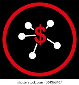 Money Emission vector icon. Style is bicolor flat circled symbol, red and white colors, rounded angles, black background.