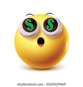 Money emoji vector character. Rich, wealthy and prosperous clip art emoticon in shock and amazed facial expression isolated in white background. Vector illustration rich clipart emoji.
