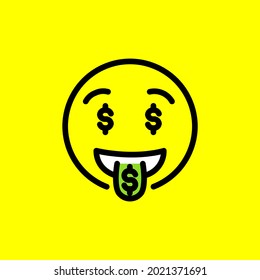 Money Emoticon With Dollar Symbols And Green Tongue. Money Emoji Isolated On Yellow Background. Vector Illustration EPS 10