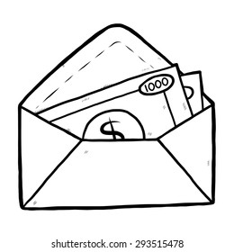 money in envelope / cartoon vector and illustration, black and white, hand drawn, sketch style, isolated on white background.