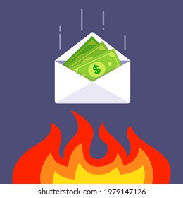 money in an envelope falls into the fire. devaluation of accumulated funds. flat vector illustration.