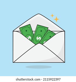 money in the envelope flat vector illustration, opened envelope with some dollars and coins money icon , salary design illustration background wallpaper