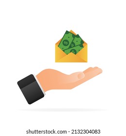 Money in envelope with hand in flat style on white background. Vector flat illustration. Send money