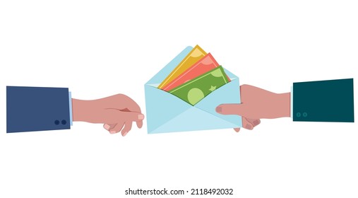 The money in the envelope is held by the businessman's hand. Financial gift, corruption, bribe.Vector illustration.