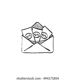 Money envelope icon in doodle sketch lines. Finance wealth banking