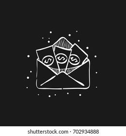 Money envelope icon in doodle sketch lines. Finance wealth banking