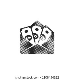 Money envelope icon in halftone style. Black and white monochrome vector illustration.