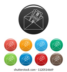 Money in envelope icon. Outline illustration of money in envelope vector icons set color isolated on white
