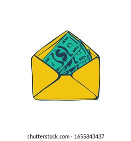 Money in envelope.  Isolated on white background. Cash american dollars. Financial gift. Vector illustration sketch design. Finance concept. Open paper envelope with money.
