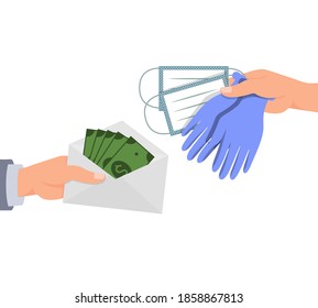 Money in an envelope, pay for medical masks and gloves. Concept: illegal transaction, selling personal protective equipment at a high price, abuse of power during the period of coronavirus infection.