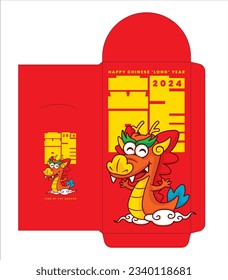 Geld umhüllt rotes Taschenpaket Template Design. Cartoon süßer Drache auf Wolken reiten mit großen chinesischen Wort und Grüße. Chinesisches Neujahr 2024. Übersetzung: Drache