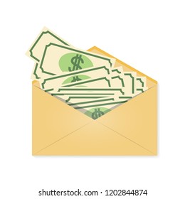 The money in the envelope. Wages. A financial gift, a reward. Vector illustration isolated on light background.
