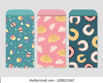 Money envelopes vector template with bakery products. Cute packages with cakes, donuts, rolls, meringues and decorative elements. Envelopes with dessert food design
