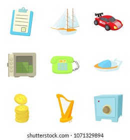 Money equivalent icons set. Cartoon set of 9 money equivalent vector icons for web isolated on white background
