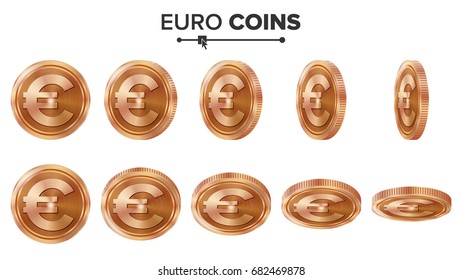 Money. Euro 3D Copper Coins Vector Set. Realistic Illustration. Flip Different Angles. Money Front Side. Investment Concept. Finance Coin Icons, Sign, Success Banking Cash Symbol. Currency Isolated