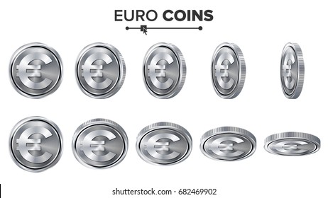 Money. Euro 3D Silver Coins Vector Set. Realistic Illustration. Flip Different Angles. Money Front Side. Investment Concept. Finance Coin Icons, Sign, Success Banking Cash Symbol. Currency Isolated
