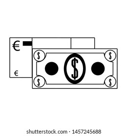 Money euro and dollar cash billets isolated in black and white vector illustration