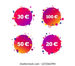 Money in Euro icons. 100, 20, 30 and 50 EUR symbols. Money signs Gradient circle buttons with icons. Random dots design. Vector