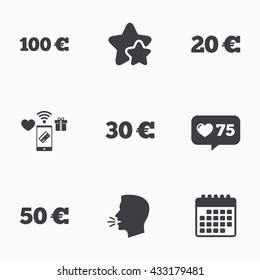Money in Euro icons. 100, 20, 30 and 50 EUR symbols. Money signs Flat talking head, calendar icons. Stars, like counter icons. Vector