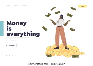 Money is everything concept of landing page with business woman throwing cash up. Businesswoman standing at coins stack under money rain. Millionaire and wealth concept. Flat vector illustration