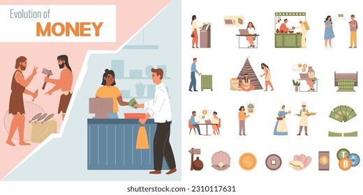 Money evolution flat icons set with traditional and modern finance exchange isolated vector illustration