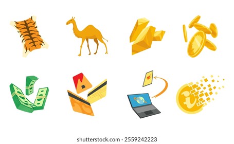 Money evolution icon set. History and development from barter to decentralized finance system. Stages of financial system, payment method elements. Concept currency transformation vector illustration