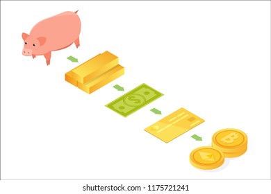 Money evolution isometric concept. From barter to cryptocurrency. Vector illustration