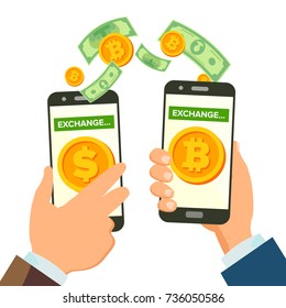 Money Exchange Banking Concept Vector. Human Hand Banner. Hand Holding Smartphone. Mobile Smart Phone And Hands. Dollar And Bitcoin. Wireless Finance Sending. Isolated Illustration