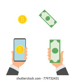 Money Exchange Banking Concept Vector. Human Hand Banner. Hand Holding Smartphone. Mobile Smart Phone And Hands. Dollar And Bitcoin. Wireless Finance Sending. Isolated Illustration