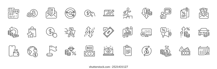 Geldwechsel-, Karten- und Bargeld-Backline-Symbole. Bestechungspaket, Rabattkorb, Globales Unternehmenssymbol. Targeting, Kaufen Währung, Rabatte bieten Piktogramm. Verkaufsdiagramm, Bitcoin, Meilenstein. Vektorgrafik